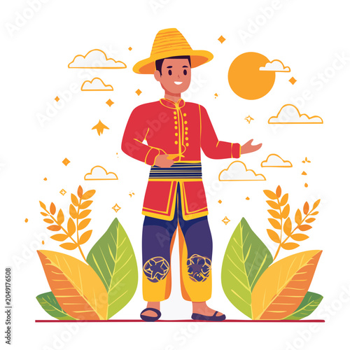 Man in Traditional Asian Clothing with Straw Hat