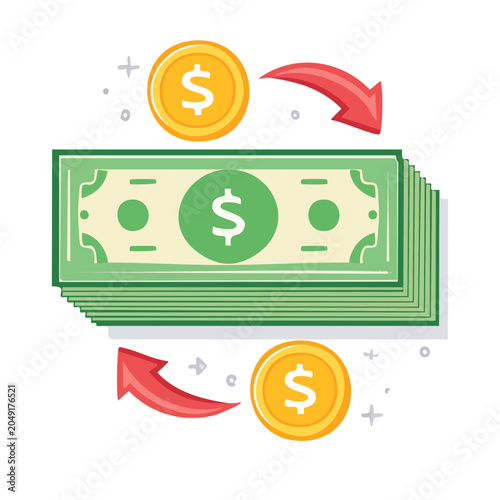 Money transfer illustration with dollar bills and coins
