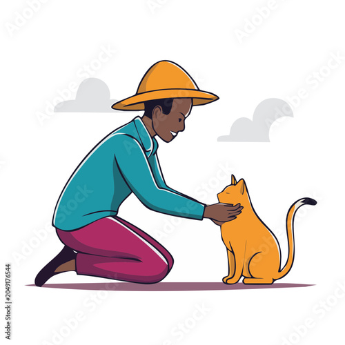 Person in hat petting an orange cat