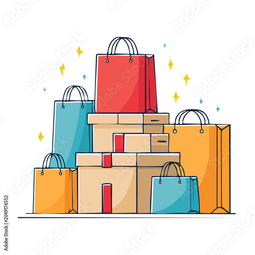 Pile of colorful shopping bags and gift boxes with stars