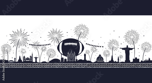 Fotografie Black and white illustration featuring an American football surrounded by world famous landmarks and fireworks