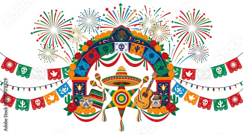 Colorful Mexican fiesta party archway with traditional decorations.