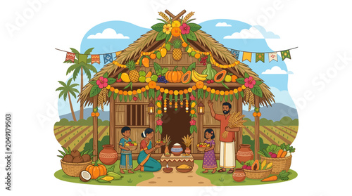 Bild auf Leinwand Indian family celebrating Pongal festival in front of traditional hut