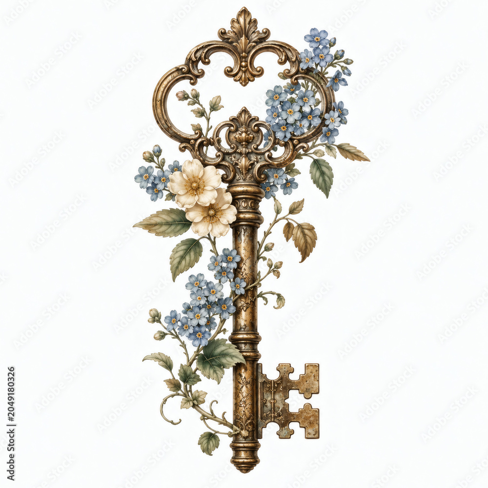 Fototapeta premium Vintage ornate skeleton key decorated with forget me not flowers