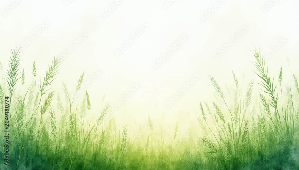 Fototapeta premium Green wild grass grows softly in hazy sunlit field. Abstract nature background shows delicate plant stems reaching upward. Peaceful meadow illustration suitable for eco themes.