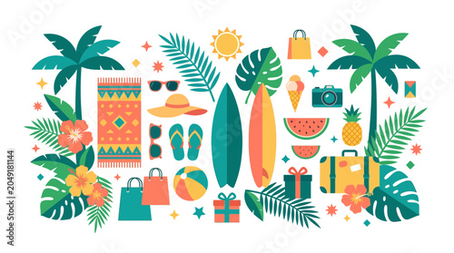 Tropical Summer Vacation Vector Illustration Set Featuring Palm Trees, Surfboards, Travel Suitcase, Beach Towel, Hibiscus Flowers, Monstera Leaves, and Seasonal Icons on White.