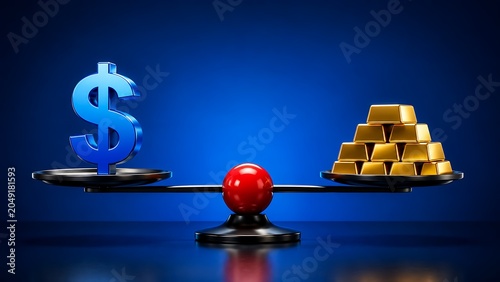 Dollar sign versus gold bars on balance scale with red fulcrum on blue background  financial concept