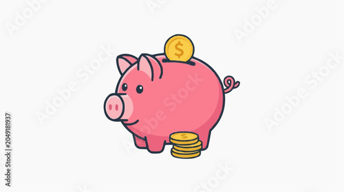 Pink Piggy Bank with Coins: A charming pink piggy bank sits ready to save, with a golden coin being deposited and a small stack nearby, symbolizing financial prudence and saving.
