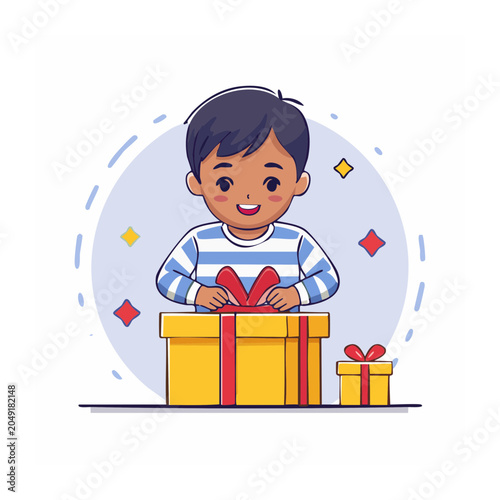Happy boy opening a birthday gift box