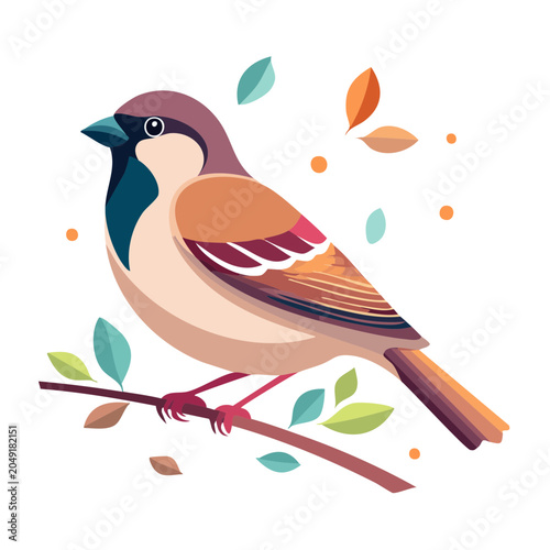 Flat design illustration of a sparrow perched on a branch with leaves