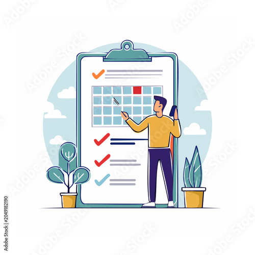 Man planning with calendar and checklist on clipboard