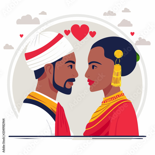 Couple in Traditional Attire Looking at Each Other with Hearts