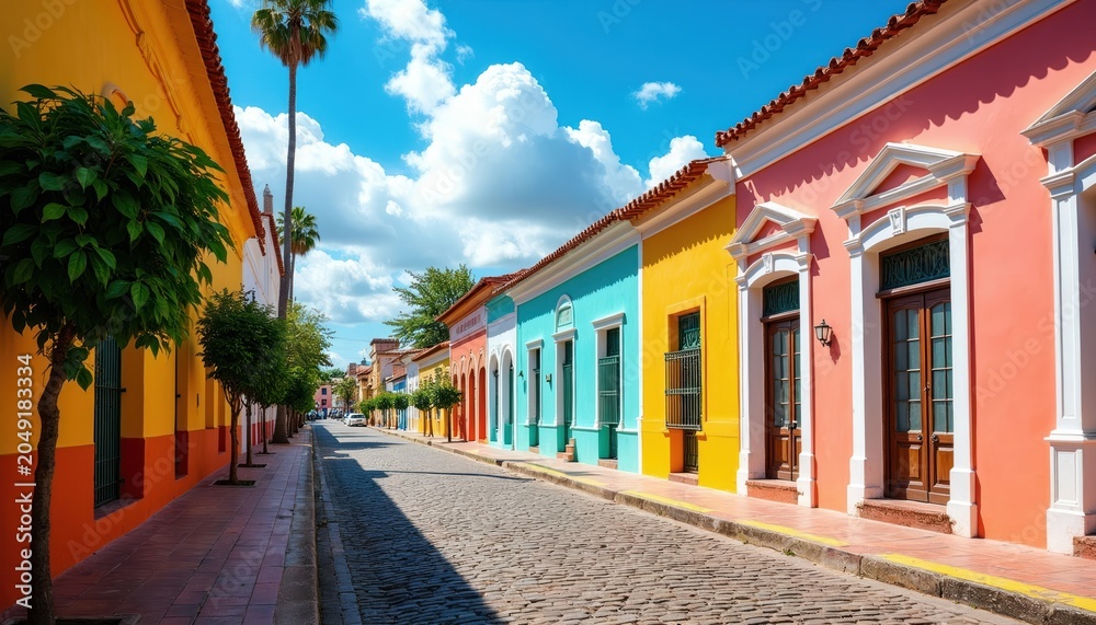 Fototapeta premium Colorful colonial buildings line cobblestone street. Palm trees sway under bright blue sky with fluffy white clouds. Historic district offers picturesque view of old-world architecture, vibrant