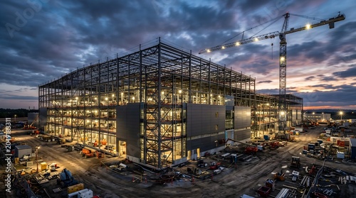 Large Data Center Under Construction at Twilight With Exposed Steel Framework Tower Crane Bright Interior Lights and Active Building Site Activity Under Dramatic Cloudy Sky