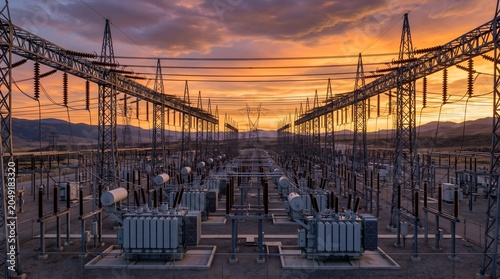 Large Electrical Substation at Dramatic Sunset With Multiple Power Transformers High Voltage Insulators Pylons and Transmission Lines Stretching Across Mountain Desert Landscape