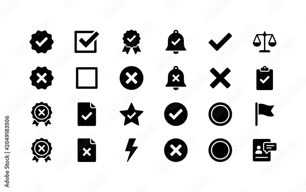 Fototapeta premium Approval Result Marks. Solid glyph icon set of Check mark and cross mark icons for validation, confirmation, checklist signs, approval badge, success, error, accept, and reject: tick badge, X badge,
