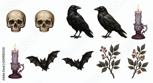Gothic occult elements set with human skulls, black ravens, bats, and burning candles, dark fantasy halloween clipart
