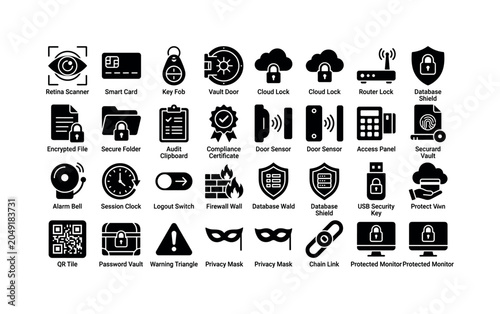 Identity Gateway Marks. Solid glyph icon set of authentication and access control identity management objects: retina scanner, smart card, key fob, vault door, cloud lock, router lock, encrypted file,