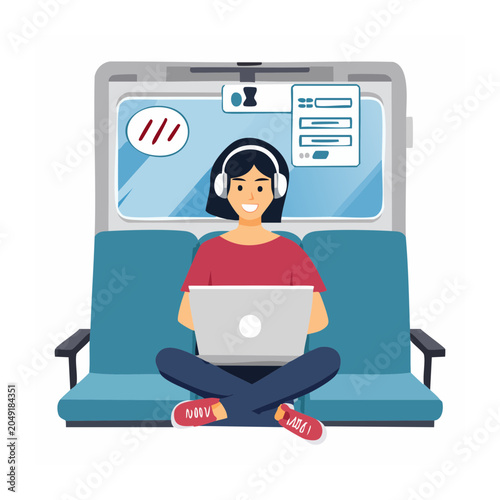 Woman working on laptop with headphones on a train