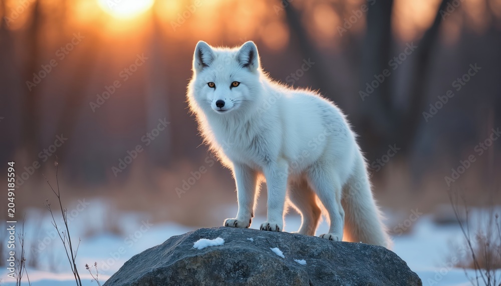 Naklejka premium White arctic fox stands on rock during sunset golden hour. Animal with white fur in snowy landscape. Fox looks at camera in its natural habitat, alert and majestic.
