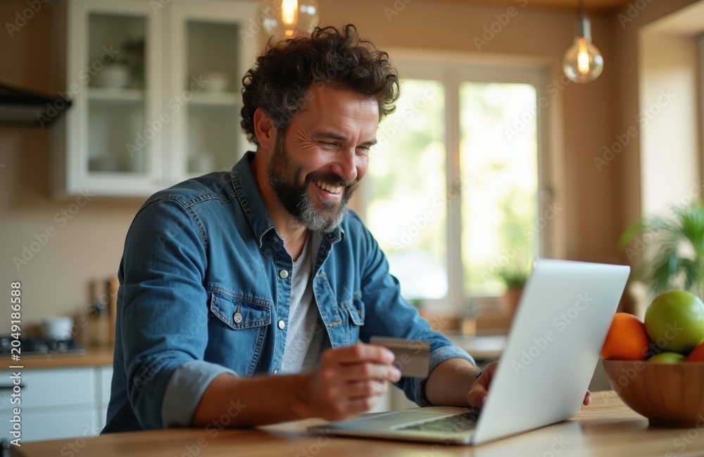 Fototapeta premium Man buys goods online using laptop and credit card at home kitchen table. Happy caucasian man smiles, browses internet for purchases. Easy domestic shopping convenience.
