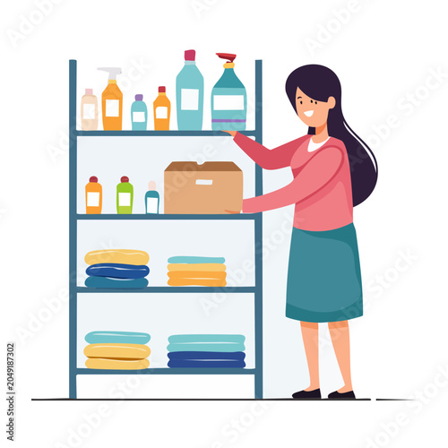 Woman organizing cleaning supplies and laundry on shelves