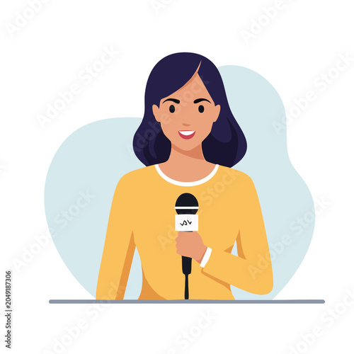 Woman reporter holding a microphone, flat design illustration