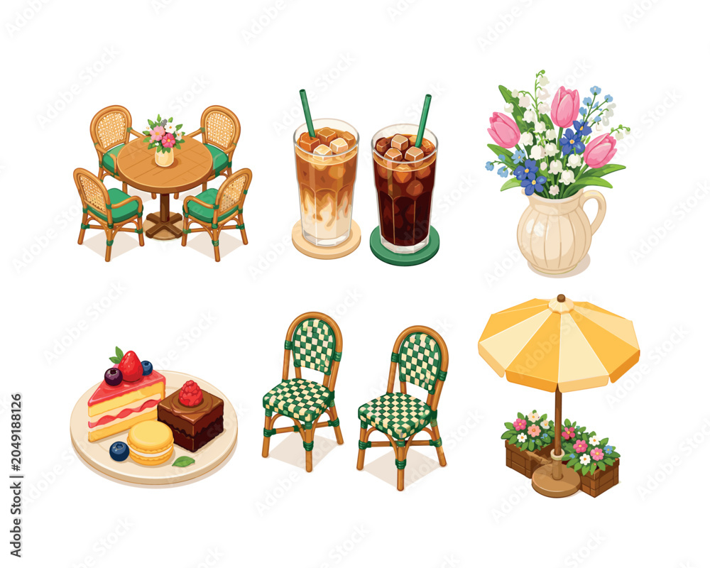 Naklejka premium May cafe gathering. Isometric flat vector icons set of May cafe gathering: outdoor cafe table for friends, iced coffee glasses, spring flower vase, shared dessert plate, cafe chair set, sunny patio