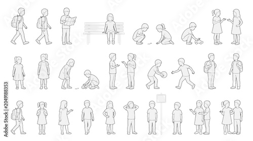 Diverse CAD Style Line Art Collection of School Children in Various Everyday Postures
