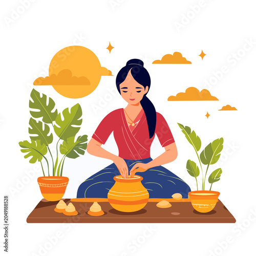 Woman making pottery in flat design style