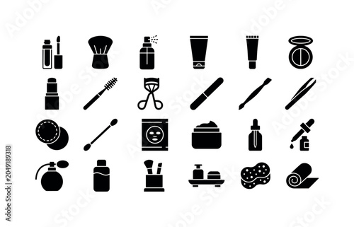 Beauty Counter Icons. Solid glyph icon set of skincare and makeup tools: lip gloss tube, kabuki brush, spray bottle, cleanser tube, concealer stick, blush compact, contour stick, brow spoolie, lash