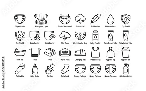 Diaper Package Features. Line icon set of diaper and baby care features: diaper pants, absorption layer, elastic waistband, cotton pad, soft feather, moisture drop, dry shield, leak barrier, odor