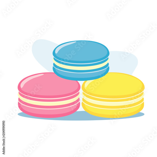 Three colorful macarons in flat design style