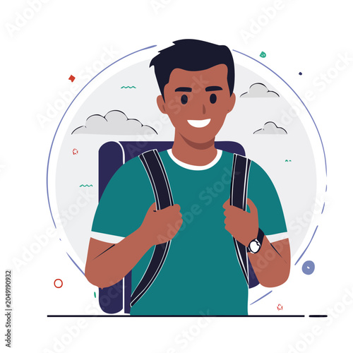 Young man with backpack, flat design illustration