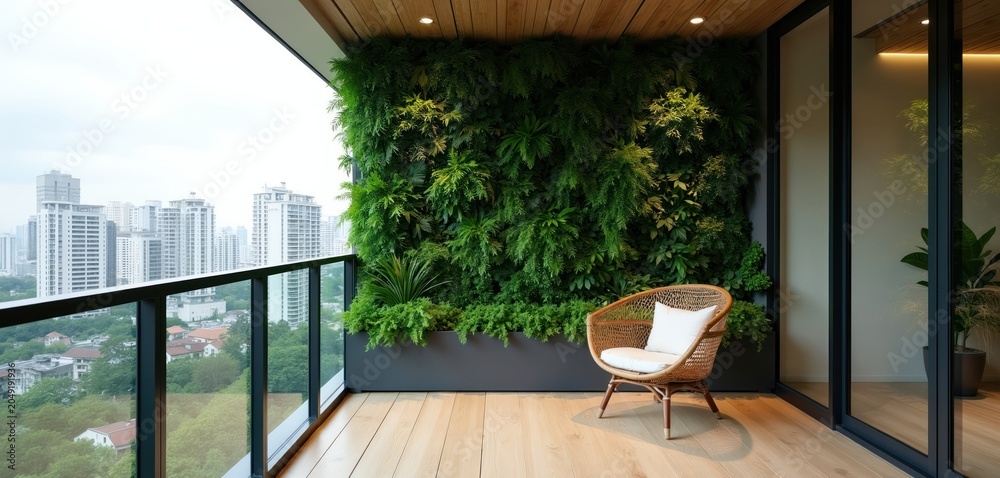 Fototapeta premium Modern apartment balcony features a lush green living wall and woven chair. City skyline visible beyond glass railing. Comfortable outdoor living space with urban nature view.