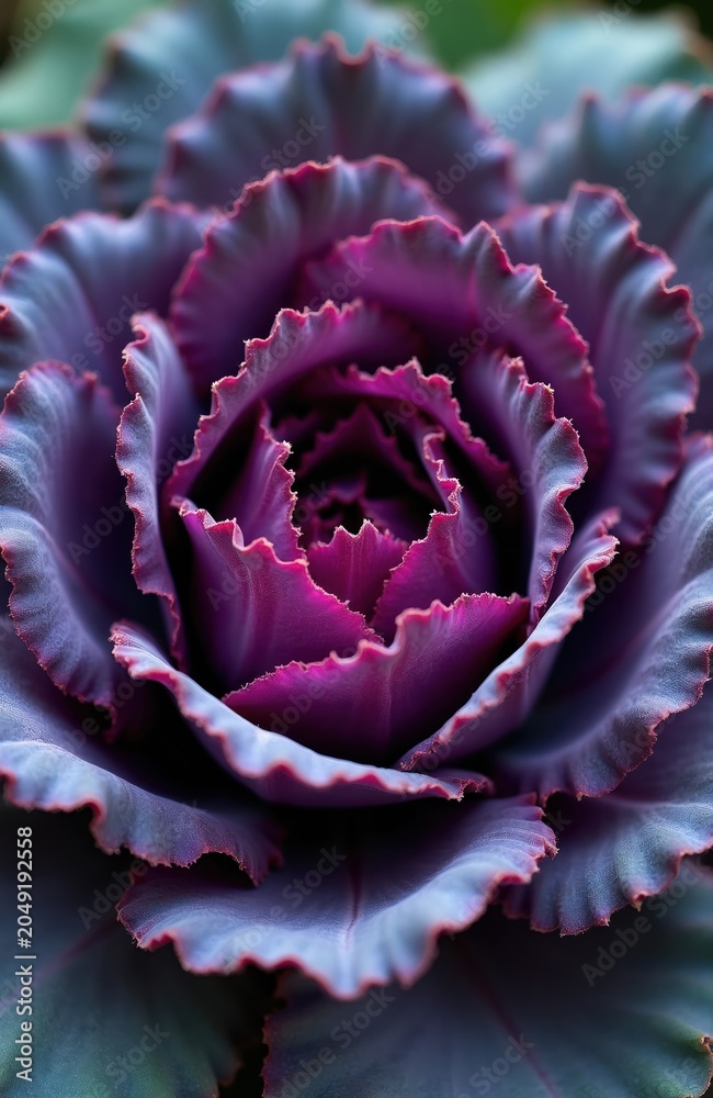 Obraz premium Close up of ornamental purple cabbage leaves with ruffled edges. Symmetrical layers create natural abstract pattern in shades of violet, blue. Plant detailed, organic, vibrant in garden setting.