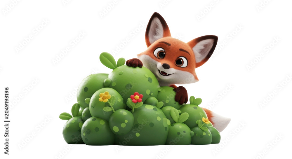 Fototapeta premium Cute fox peeking from behind green berries