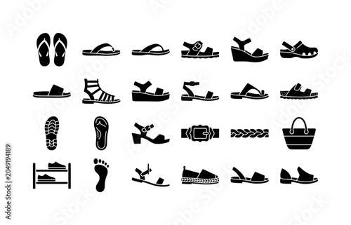 Summer Footwear Glyphs. Solid glyph icon set of sandals and flip flops: flip flop pair, thong sandal, beach sandal, buckle sandal, wedge sandal, clog sandal, slide sandal, gladiator sandal, platform