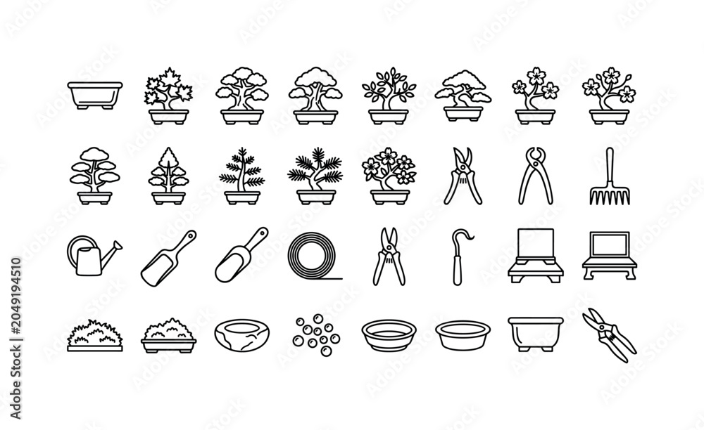 Naklejka premium Miniature Tree Craft. Line icon set of bonsai art: bonsai pot, maple bonsai, oak bonsai, elm bonsai, juniper bonsai, cherry bonsai, cypress bonsai, spruce bonsai, azalea bonsai, pruning shears,