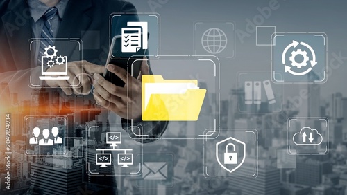 Photos Businessman Using Mobile Device with Digital Data Management Concepts and Network Icons in Modern Office Environment