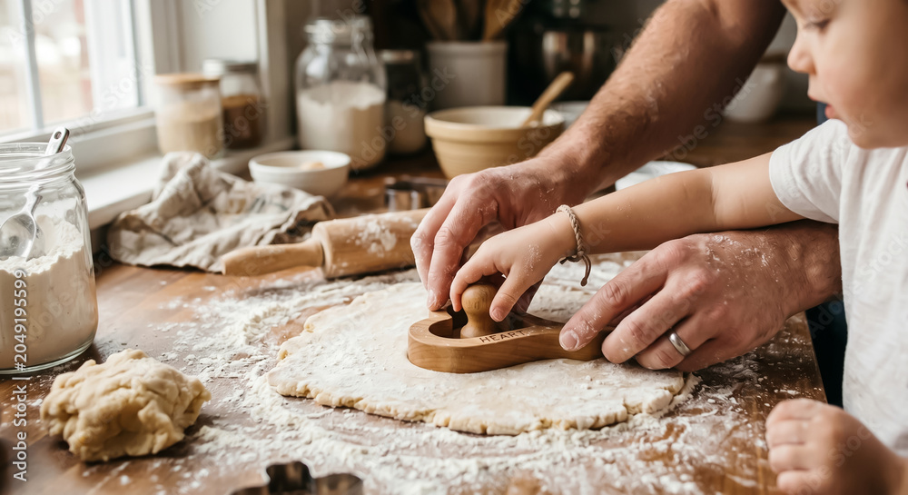 Fototapeta premium Woman hands kneading dough on a kitchen table for homemade bread baking