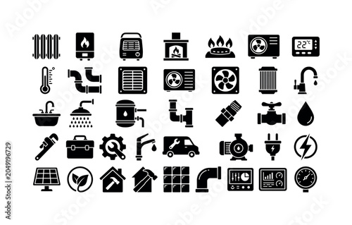 Heating Plumbing Repair. Solid glyph icon set of heating, plumbing, ventilation, and home repair equipment: radiator, boiler, heater, fireplace, gas burner, heat pump, thermostat, thermometer, duct