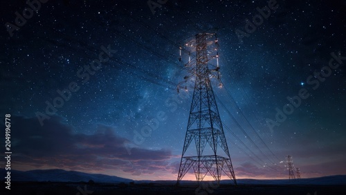 Power Line Tower Under Starry Night Sky
