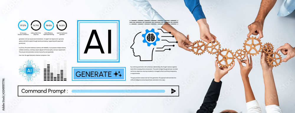 Obraz premium Collaborative Effort in Artificial Intelligence Development Showcasing Gear Mechanisms and Brain Symbolism in Innovative Technology Concept. Entropy.