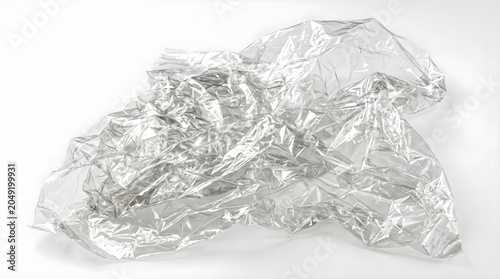 High-resolution abstract transparent crumpled plastic wrap texture with reflective highlights, creating a modern and realistic packaging or overlay background design.