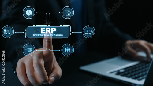 Foto ERP platform visual showing centralized system for enterprise resource planning, improving integration, data flow, business efficiency, finance, inventory, and human resources