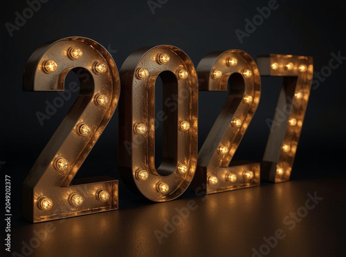 Retro Style Illuminated Marquee Numbers Display the Year 2027 with Warm Glowing Bulbs Creating a Festive Atmosphere