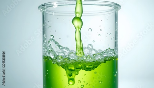 Green liquid pouring into a beaker.