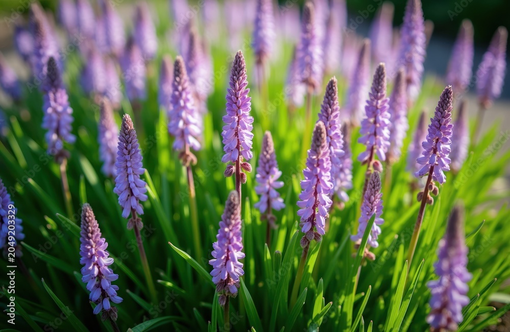 Obraz premium Liriope muscari flowers show spikes of small purple blossoms. This perennial plant with green grass like foliage blooms in summer and autumn, often used in gardens.