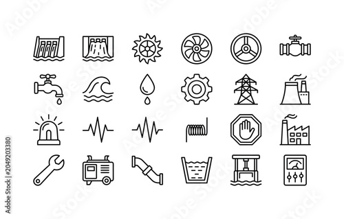 Hydropower Plant Lines. Line icon set of hydropower dam and turbine objects: dam, spillway, water turbine, fan rotor, valve wheel, water pipe, faucet, flood wave, leak drop, gear, power tower, power